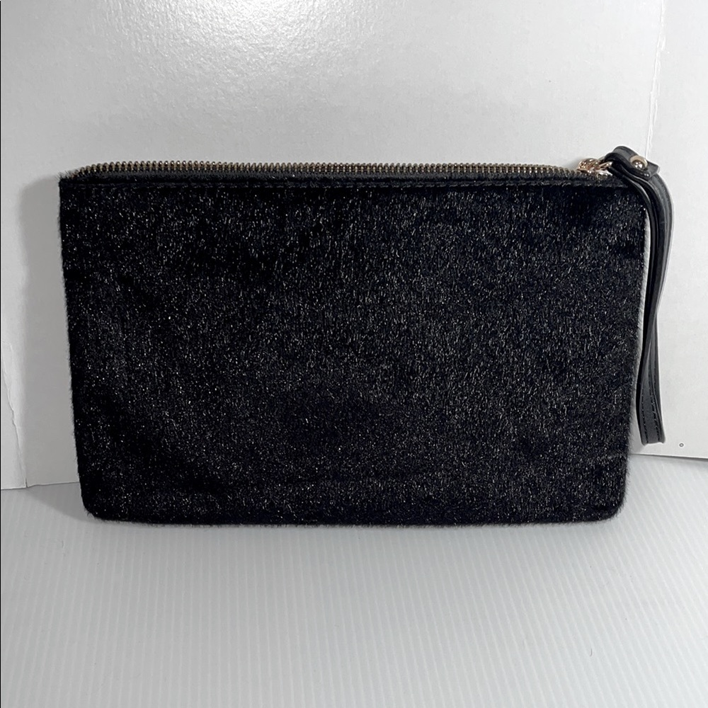 Cato Black & Gold/Rose Gold Faux Fur Wristlet w/Leather Strap & Leather Tassel